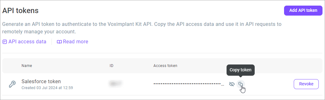 Copy API token Copy API token