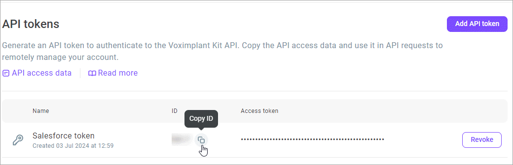 Copy API token ID Copy API token ID
