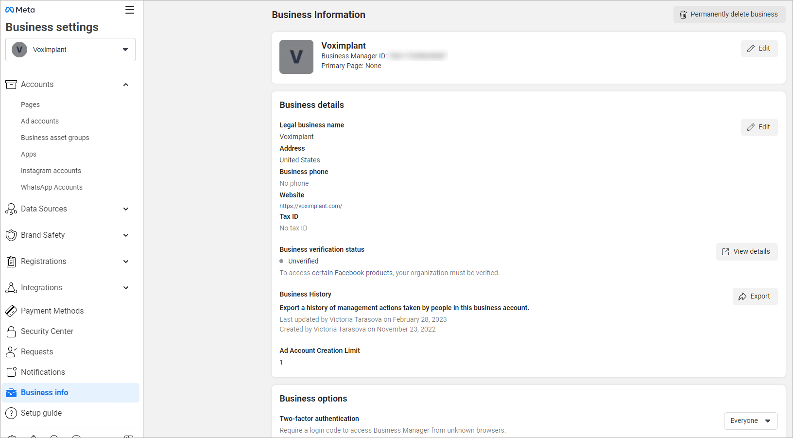 Business settings Business settings