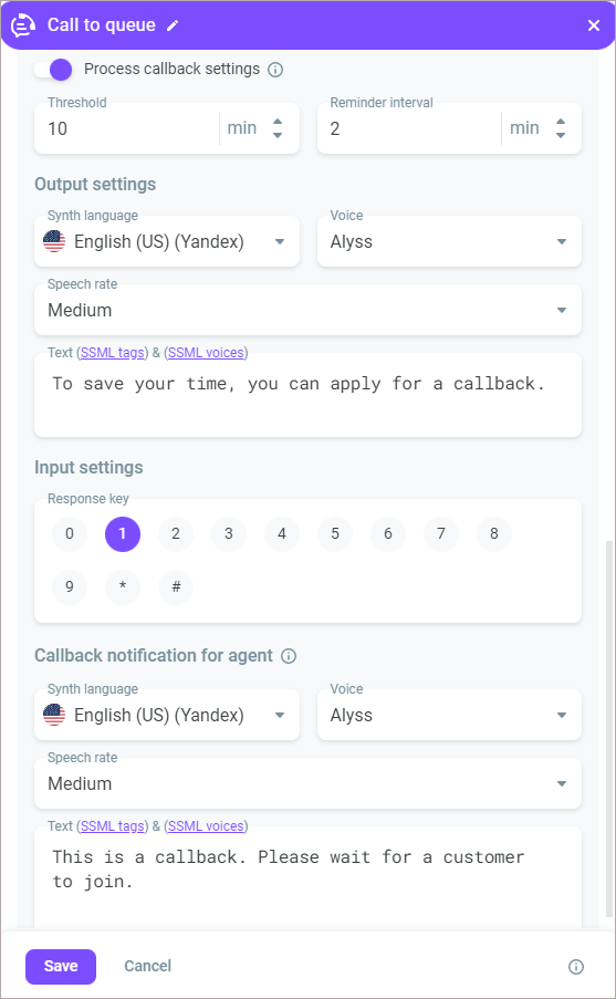 Callback settings Callback settings