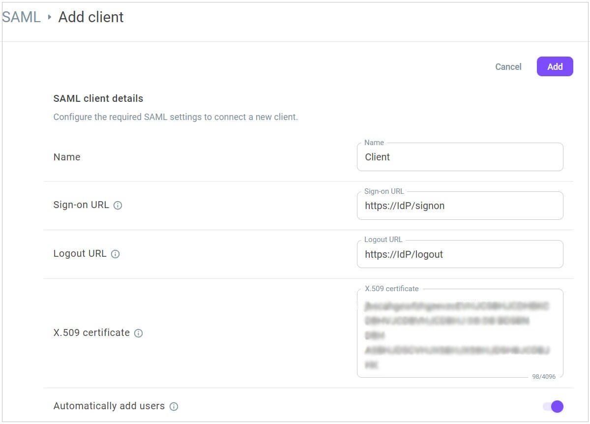 SAML client configuration