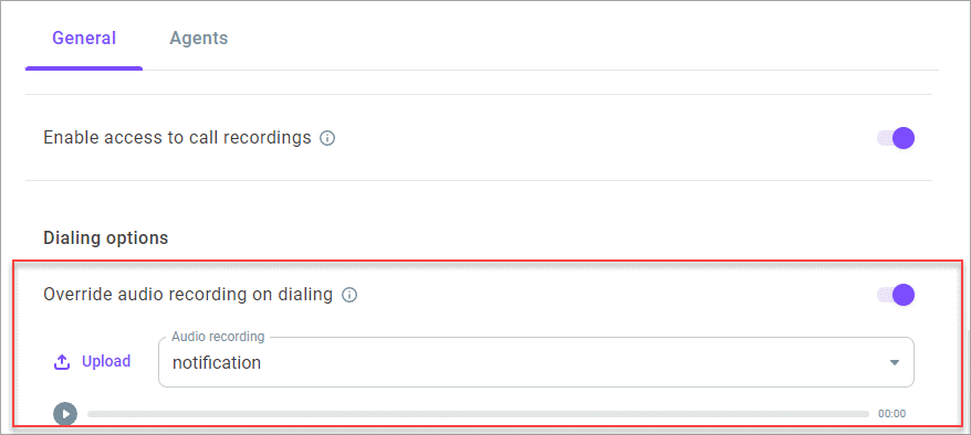 Override audio recording on dialing Override audio recording on dialing